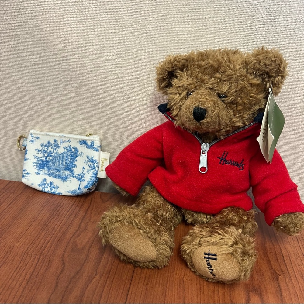 Harrods Teddy Bear with Tags in Red Fleece Sweater & Harrods Coin Purse Bundle